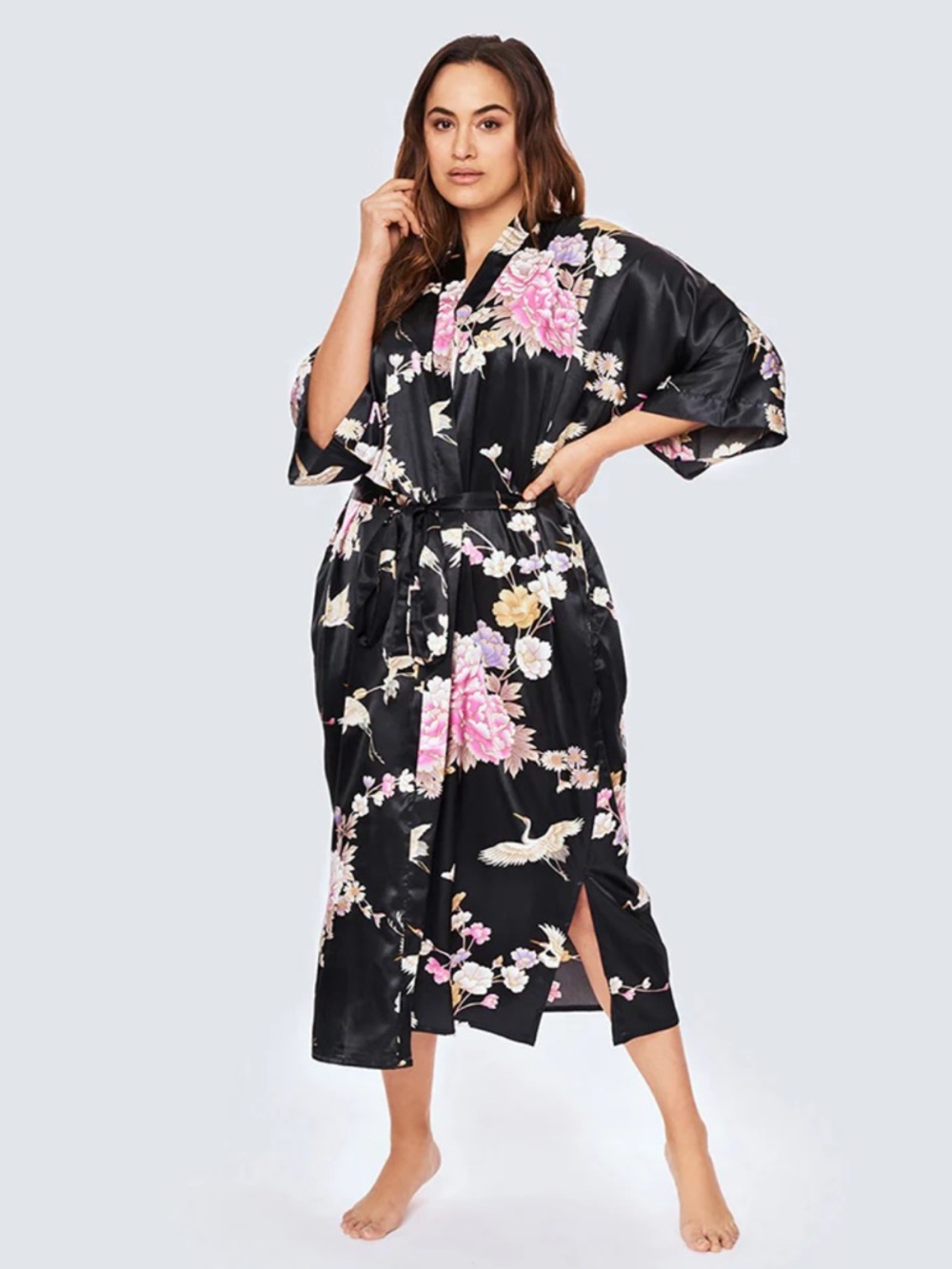 CHRYSANTHEMUM & CRANE LONG KIMONO ROBE
